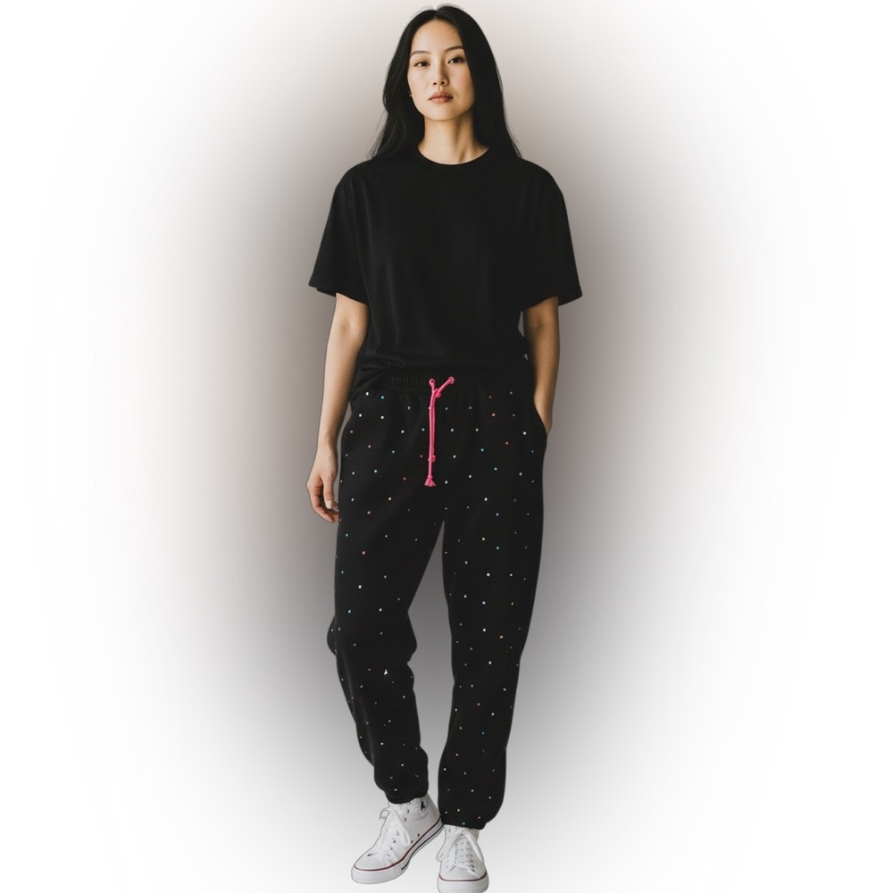 Terez woman’s black joggers with colorful gemstones pimo cotton M